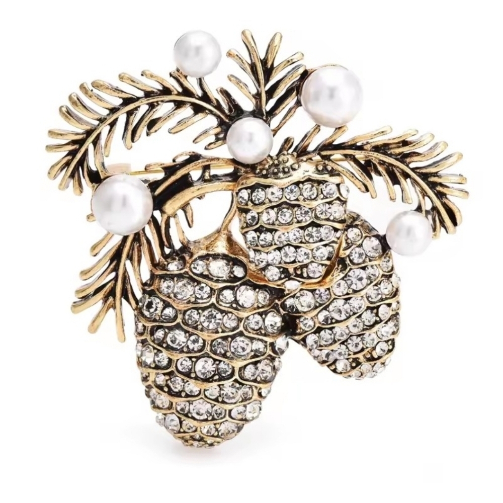 New Golden Pinecone Crystal Pearl Brooch Pin Scarf Coat Jacket Bag Hat Charm